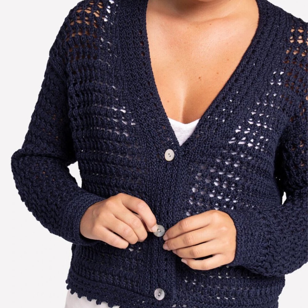 Vince Women's 100% Organic Cotton Crochet Cardigan Sweater Navy Blue XL - Picture 8 of 15